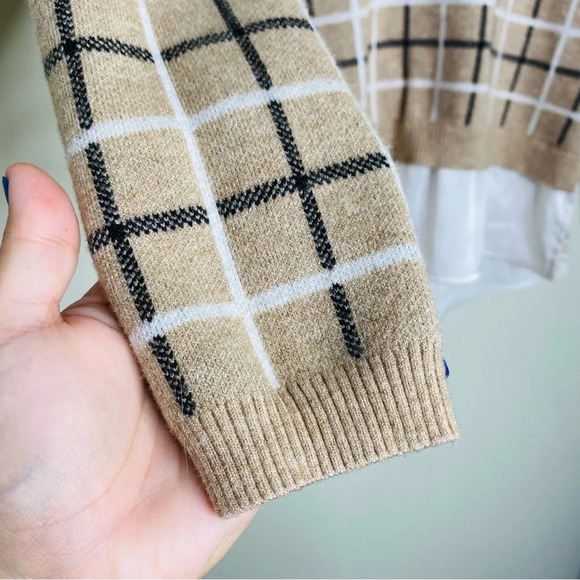 Tahari Beige Plaid Sweater With Layered Collared Undershirt Academia Preppy XS - Picture 5 of 10
